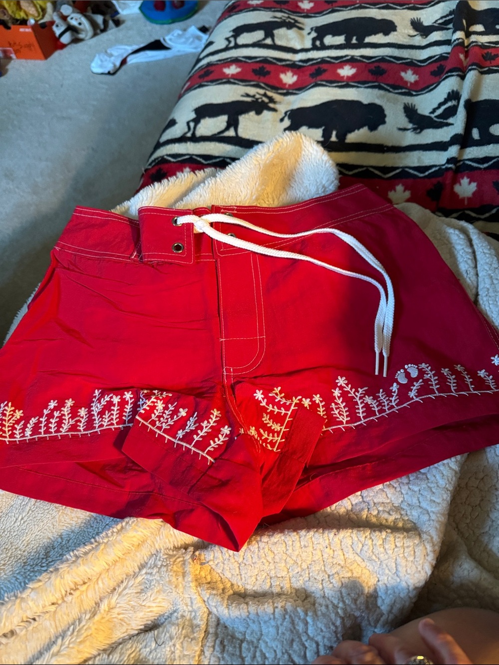 Hang Ten Red Athletic Drawstring Shorts with White Embroidery